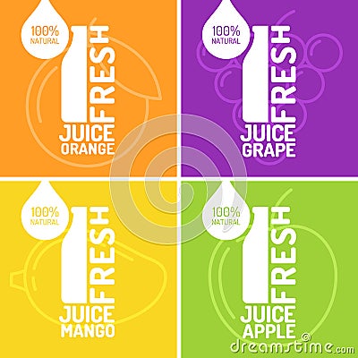 Set of posters fresh juice grape, orange, mango and apple. Vector Illustration