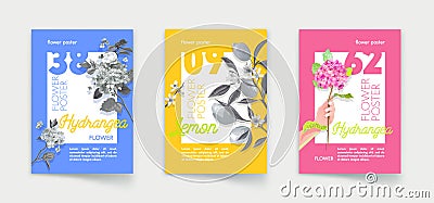Set of Posters with Lemon Fruits and Hydrangea Flowers with Leaves on Branches. Florist Shop, Organic Natural Vector Illustration