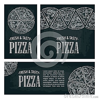 Set posters poster slice pizza Pepperoni, Hawaiian, Margherita, Mexican, Seafood, Capricciosa. Vector Illustration