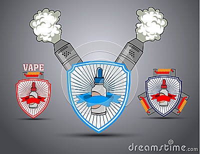 A set of posters with the shield and the e-cigarette Vector Illustration