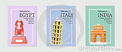 Set of posters for tourists. Welcome to Egypt, Italy, India Vector Illustration