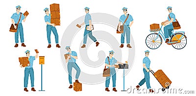 Set of postman characters delivering mail Vector Illustration