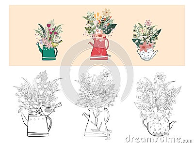 Set of pot plant flowers doodles Cute Collections flowers for spring or summer. Element Design in Vintage style in black and white Stock Photo