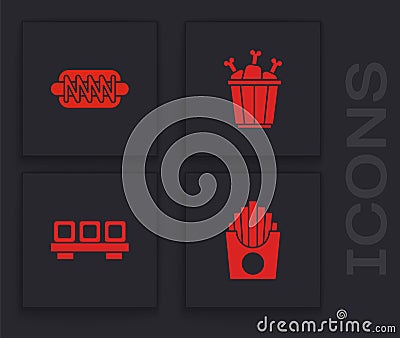 Set Potatoes french fries in box, Hotdog sandwich, Chicken leg package and Sushi on cutting board icon. Vector Vector Illustration