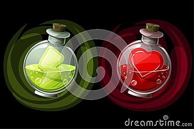 Set of potions in glass round bottles with icons. Vector Illustration