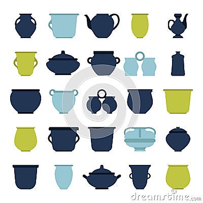 Set pots. Vector flat illustration. Various vases and pots. Glazed ceramics Vector Illustration