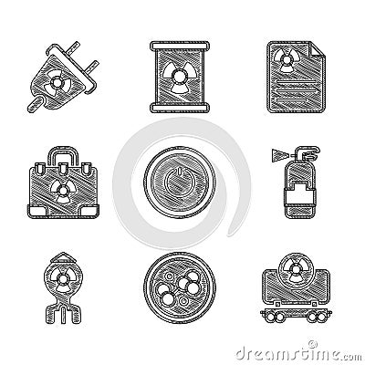 Set Power button, Molecule, Radioactive cargo train, Fire extinguisher, Nuclear bomb, Radiation nuclear suitcase Vector Illustration