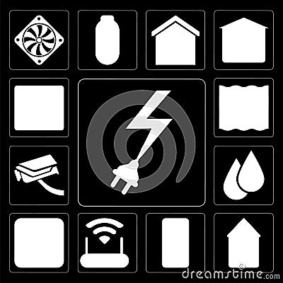 Set of Power, Home, Smart home, Modem, Dimmer, Water, Security c Vector Illustration