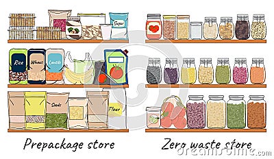 Set of pre packaging and zero waste container for nuts, seeds, beans on shelf Vector Illustration