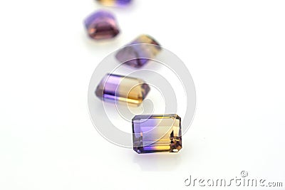 Set of precious purple and yellow polished gems of ametrine. Jewelry and precious stones Stock Photo