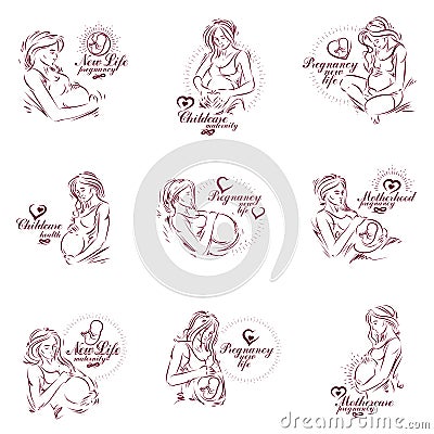 Set of pregnant female beautiful body outlines, mother-to-be vector drawn illustration. Maternity ward marketing poster Vector Illustration