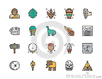 Set of Prehistoric Age Color Line Icons. Dinosaur, Meteorite, Mammoth and more. Vector Illustration