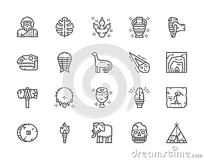 Set of Prehistoric Age Line Icons. Neanderthal, Dinosaur, Primitive Axe and more Vector Illustration