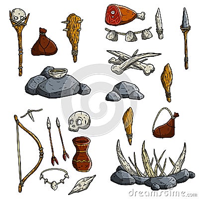 Set of prehistoric caveman items for hunting. Trap for animal Vector Illustration