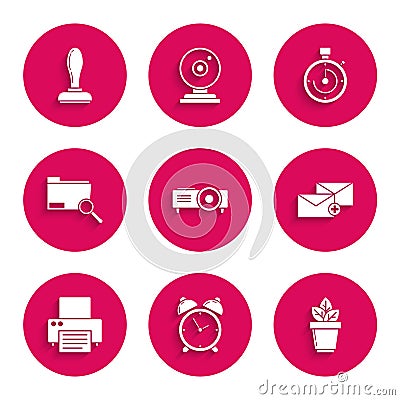 Set Presentation, movie, film, media projector, Alarm clock, Flowers in pot, Envelope, Printer, Search concept with Vector Illustration