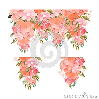 Set of pretty pink rose floral elements for a design template with green leaves dainty berries and summer blossom Vector Illustration