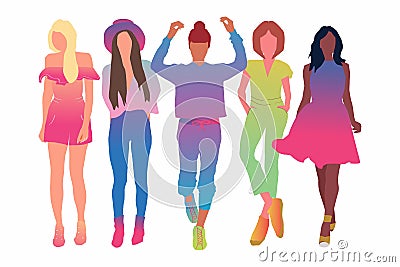 Set of pretty young women or girl dressed in stylish clothing-flat cartoon illustration. Female cartoon characters isolated on Vector Illustration