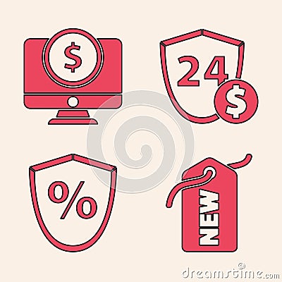 Set Price tag with New, Computer monitor with dollar, Shield with dollar and Loan percent icon Stock Photo
