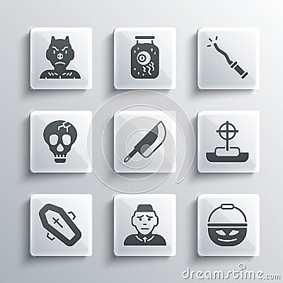 Set Priest, Pumpkin basket for sweets, Tombstone with cross, Knife, Coffin, Skull, Krampus, heck and Magic wand icon Vector Illustration