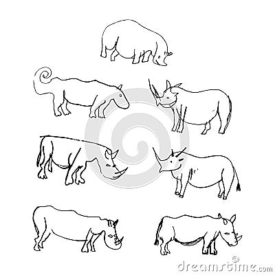 Set of primitive images of animals rhino and hippo. Cave drawings. Naive art. Illustration Stock Photo