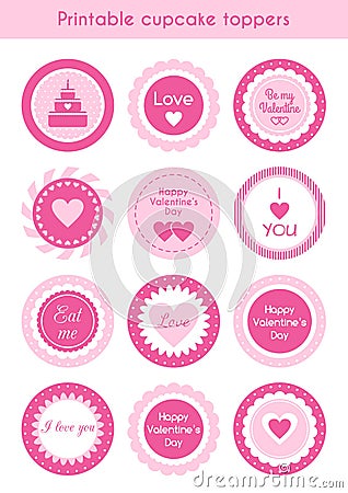 Set of printable cupcake toppers Valentines day Vector Illustration