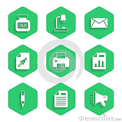 Set Printer, File document, Megaphone, Document with graph chart, Pencil, Note paper push button, Mail and e-mail and Vector Illustration