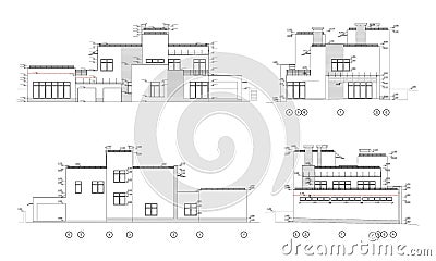 Set of private house facades, detailed architectural technical drawing, vector blueprint Vector Illustration