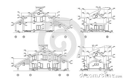 Set of private house facades, detailed architectural technical drawing, vector blueprint Vector Illustration