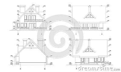 Set of private house facades, detailed architectural technical drawing, vector blueprint Vector Illustration