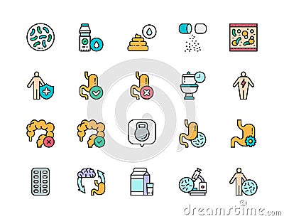 Set of Probiotic Color Line Icons. Lactobacilli, Intestines, Vitamins and more. Vector Illustration