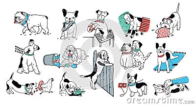 Set of problem with bad dog behaviour collection. Silly puppy barks, run off, goes to the toilet, digs in the garbage Vector Illustration