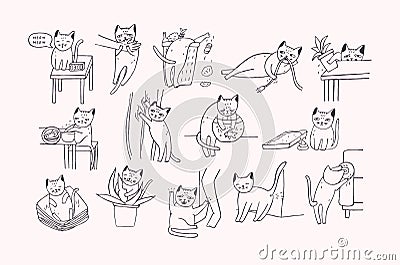 Set of problem with cat behavior. Kitten meowing, bites, scratches, marks sofa, sleeps on clothes, goes to the toilet Vector Illustration
