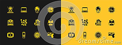 Set Processor CPU, USB flash drive, Mechanical robot hand, Cryptocurrency coin Bitcoin, Neural network, Planet earth Vector Illustration