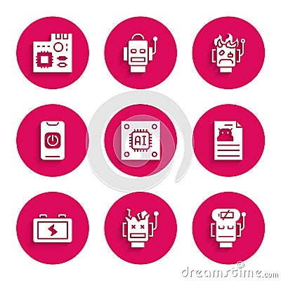 Set Processor with microcircuits CPU, Broken robot, Robot low battery charge, Technical specification, Battery, Turn off Vector Illustration