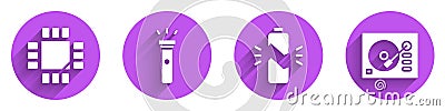 Set Processor with microcircuits CPU, Flashlight, Broken battery and Vinyl player icon with long shadow. Vector Vector Illustration
