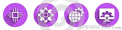 Set Processor with microcircuits CPU, Processor, Globe of the Earth and gear and Computer monitor and gear icon with Vector Illustration