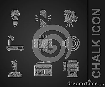 Set Processor with microcircuits CPU, Radio antenna, Printer, Speaker volume, Joystick for arcade machine, Router and wi Stock Photo