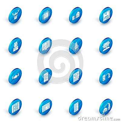 Set Processor with microcircuits CPU, Smart home, 3D printer, Robot doctor, Drone flying action camera, Computer monitor Stock Photo