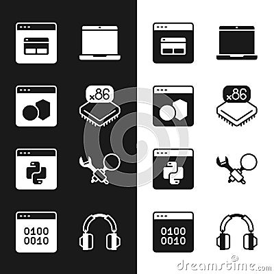 Set Processor with microcircuits CPU, Software, Search engine, Laptop, Python programming language, Debugging Stock Photo