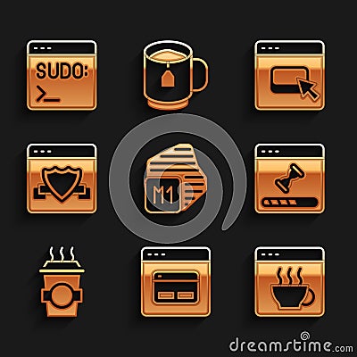 Set Processor, Search engine, Software, Loading data window, Coffee cup to go, Browser with shield, files and Code Vector Illustration