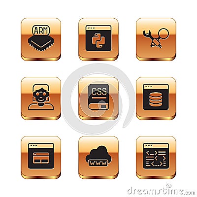 Set Processor, Search engine, Web development, Books about programming, Hacker coder, Debugging, Software and Python Vector Illustration
