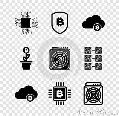 Set Processor, Shield with bitcoin, Cryptocurrency cloud mining, , CPU farm and ASIC Miner icon. Vector Vector Illustration