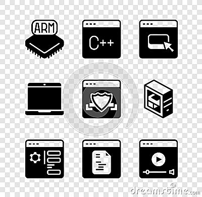 Set Processor, Software, Browser files, setting, Online play video, Laptop and with shield icon. Vector Vector Illustration