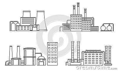 Set of production industrial building isolated on white background. Factory in the flat style. Vector Illustration