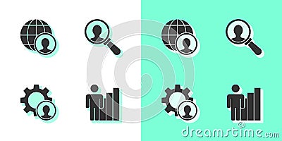 Set Productive human, Globe and people, Head hunting and Magnifying glass for search icon. Vector Vector Illustration