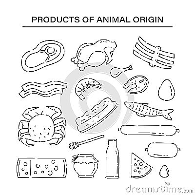 Set products animal origin line doodle icons. Varieties protein food vector sketch black isolated illustration on white Vector Illustration