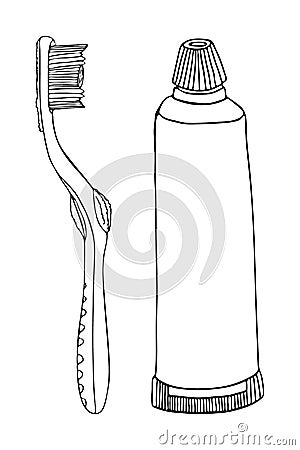 Set products items for daily personal oral cavity hygiene. Medium tube toothpaste, manual toothbrush. Individual accessories for Vector Illustration