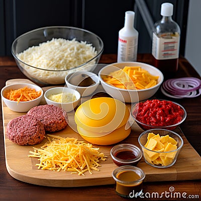 Set of products necessary for making burgers. Ingredients in little bowls and on the wooden plate. Fast food concept. Generative Stock Photo