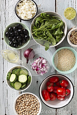 A set of products for vegetarian food in several bowls, fresh vegetables, chickpeas, Stock Photo