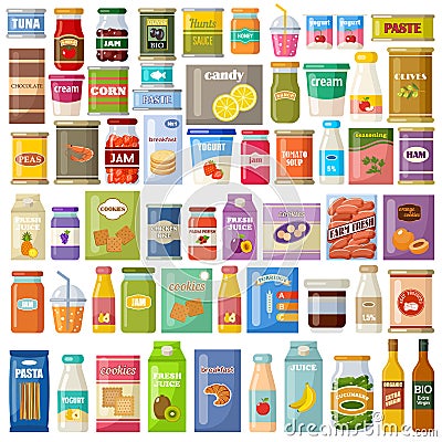 Set of products on a white background. Grocery. Gastronomy. Canned food, juice, jam, cookies Vector Illustration